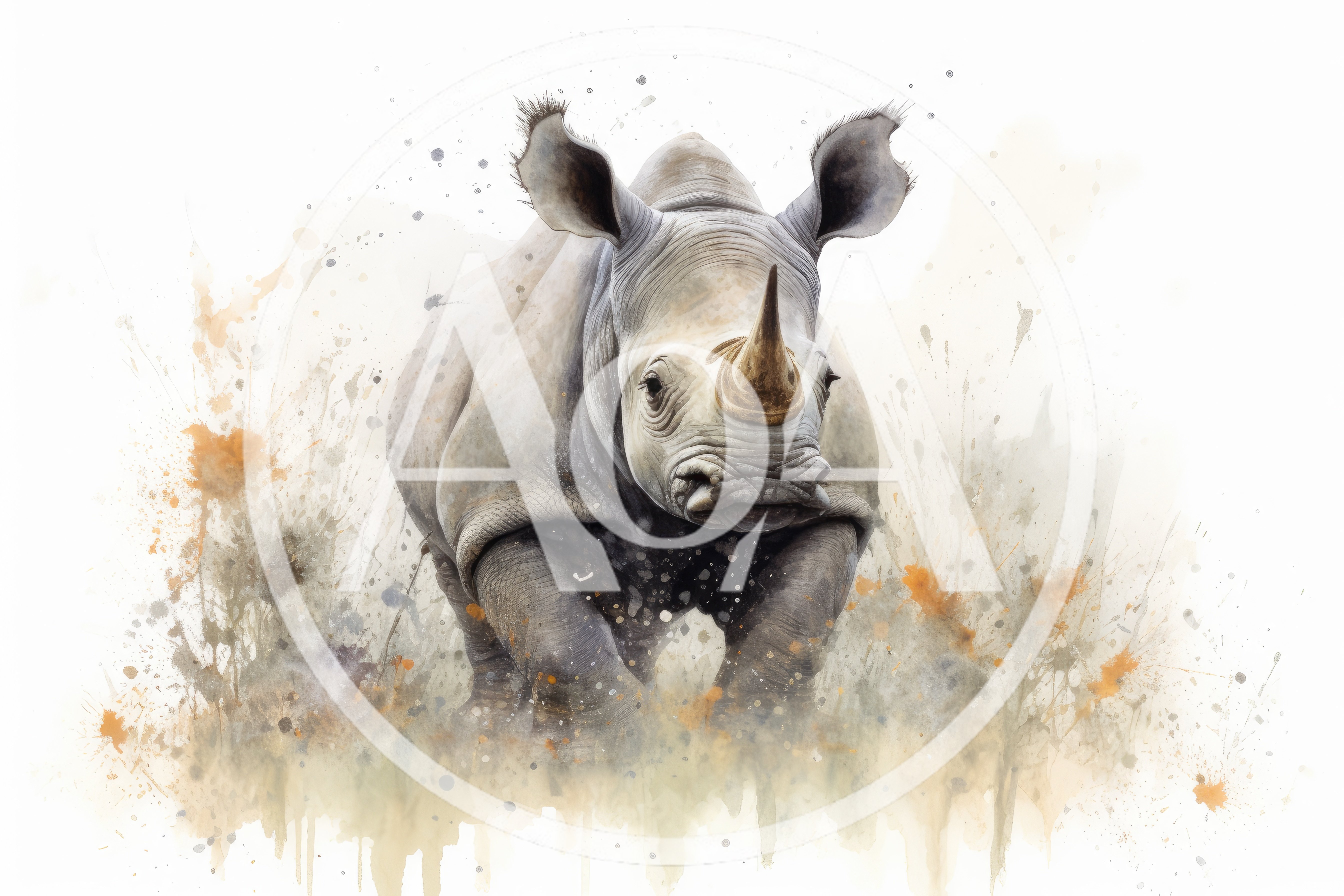 Watercolor Illustration Of A Charging Rhinoceros