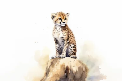 Watercolor Illustration Of A Young Cheetah Cub Sitting