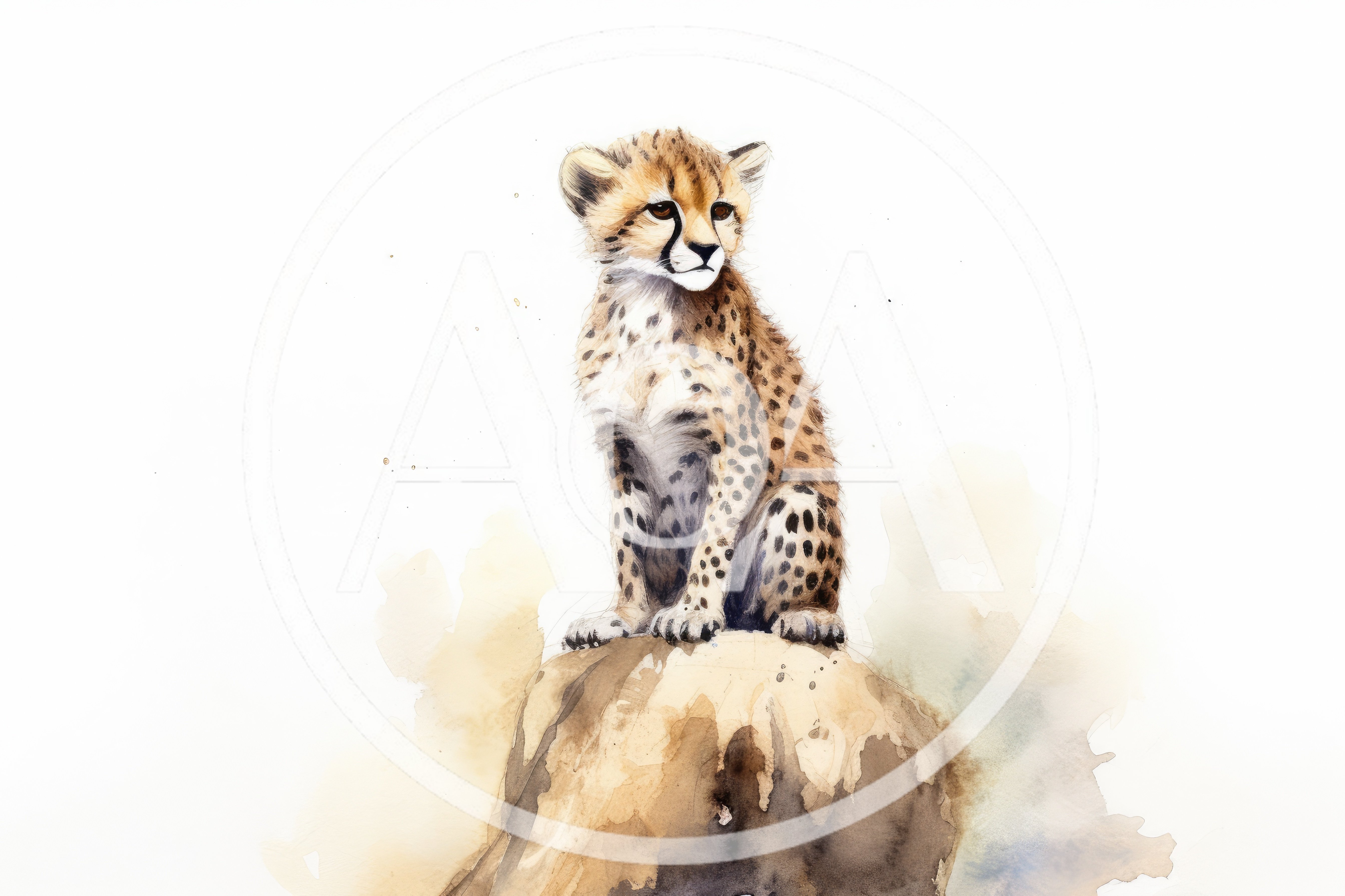 Watercolor Illustration Of A Young Cheetah Cub Sitting