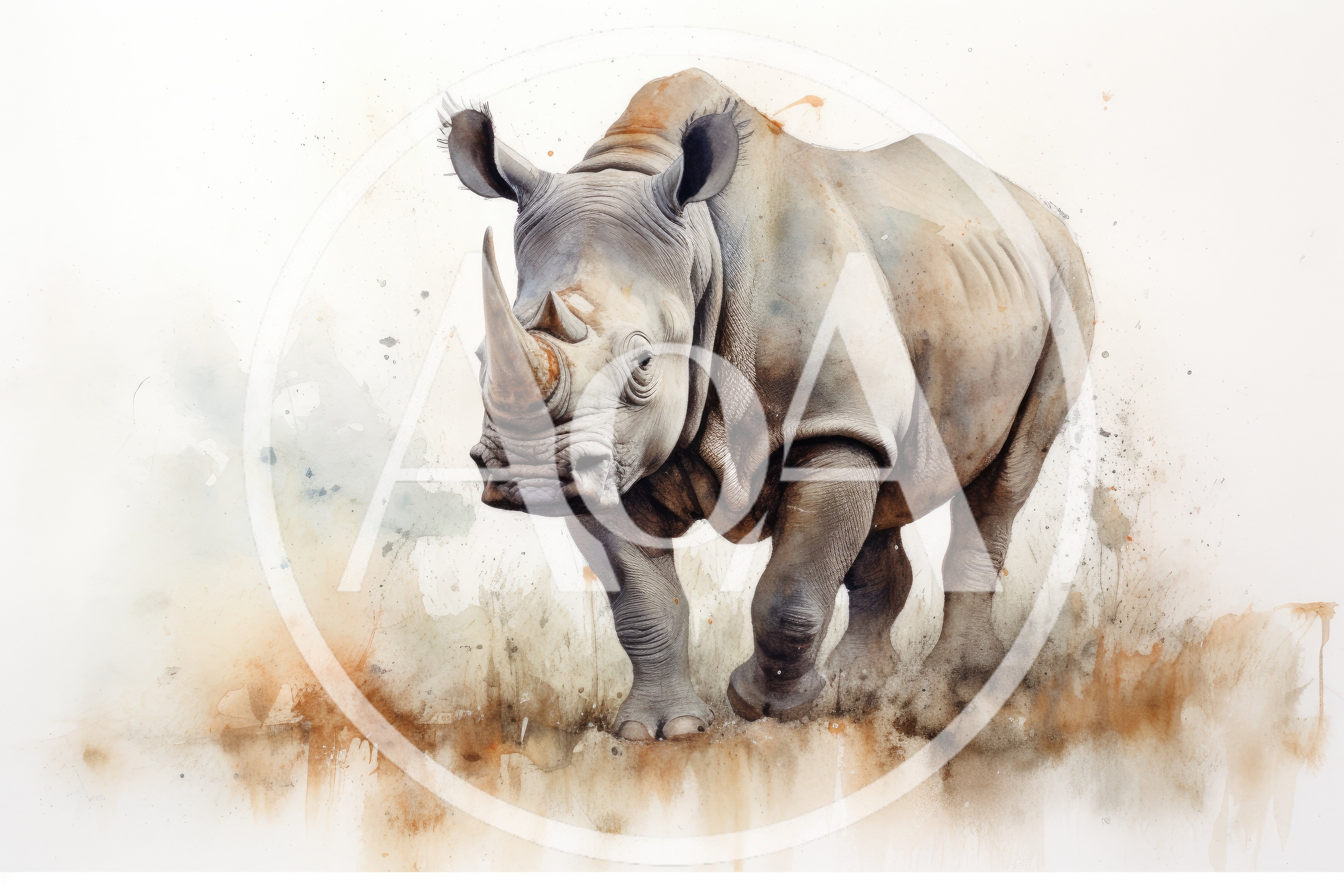 Watercolor Illustration Of A Majestic Rhinoceros