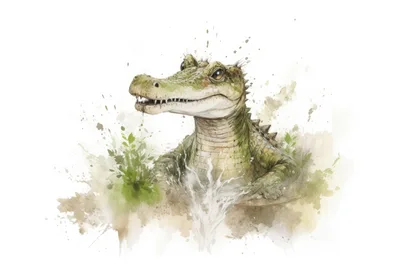 Watercolor Illustration Of A Cute Baby Crocodile