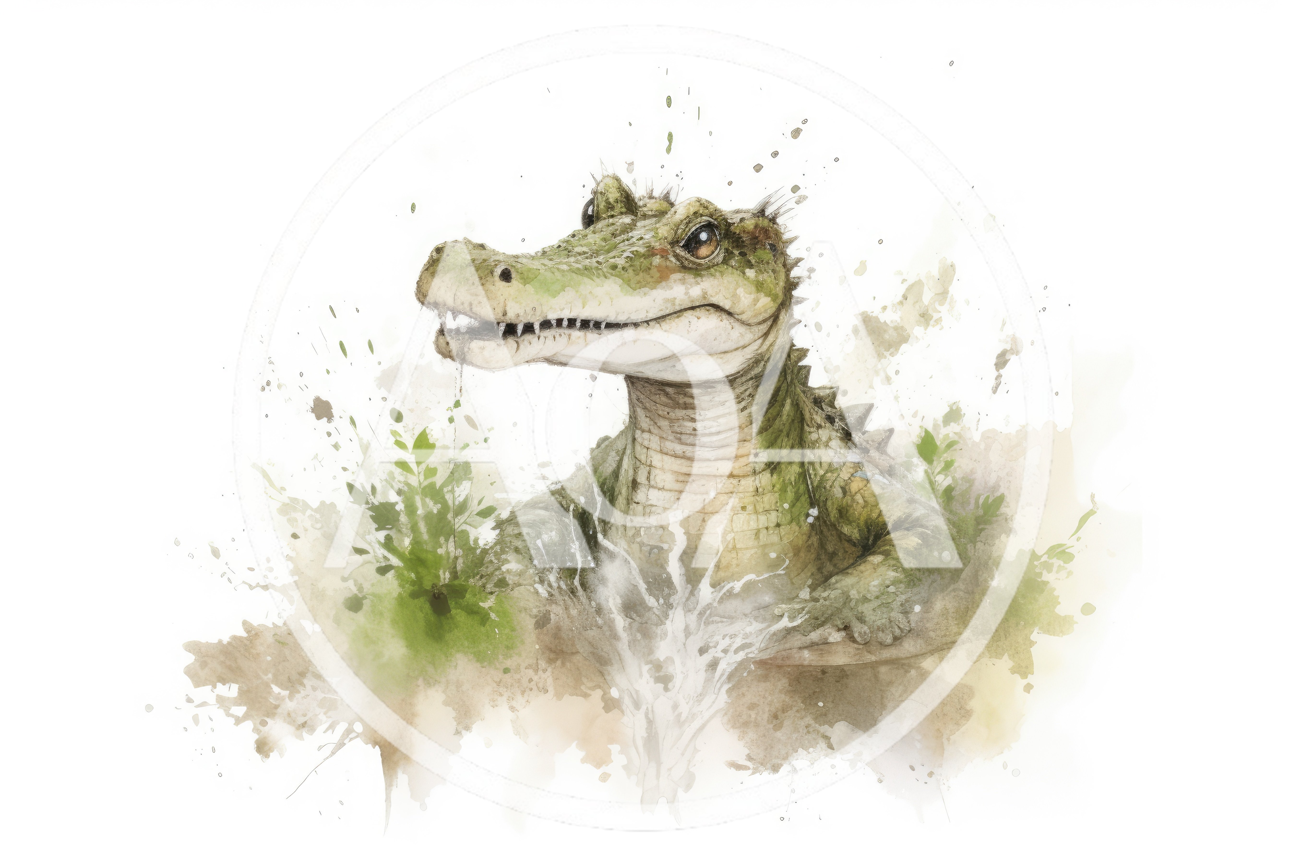 Watercolor Illustration Of A Cute Baby Crocodile