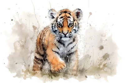 Watercolor Illustration Of A Cute Tiger Cub