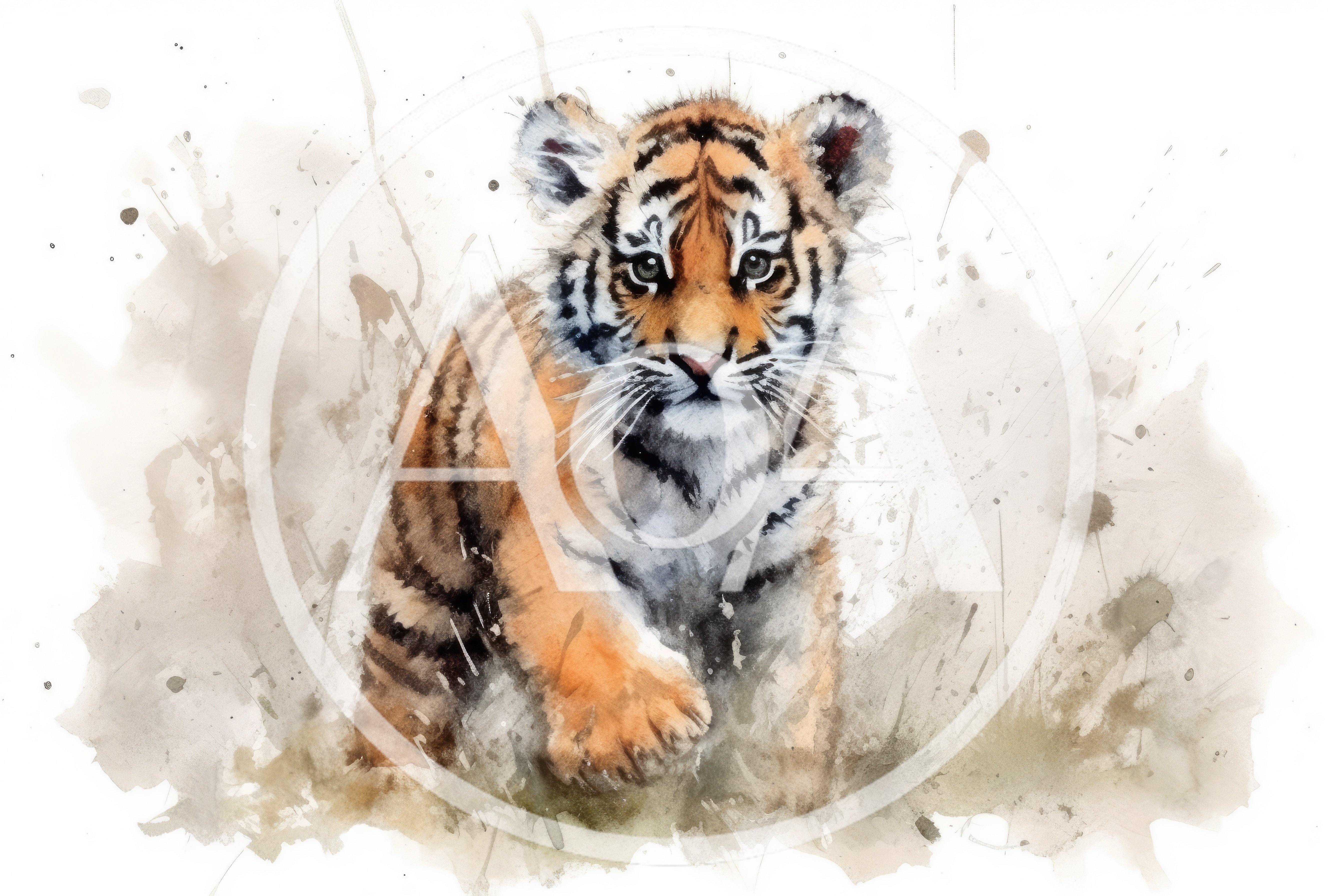 Watercolor Illustration Of A Cute Tiger Cub