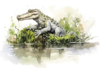 Watercolor Illustration Of A Crocodile Resting On Mossy Bank