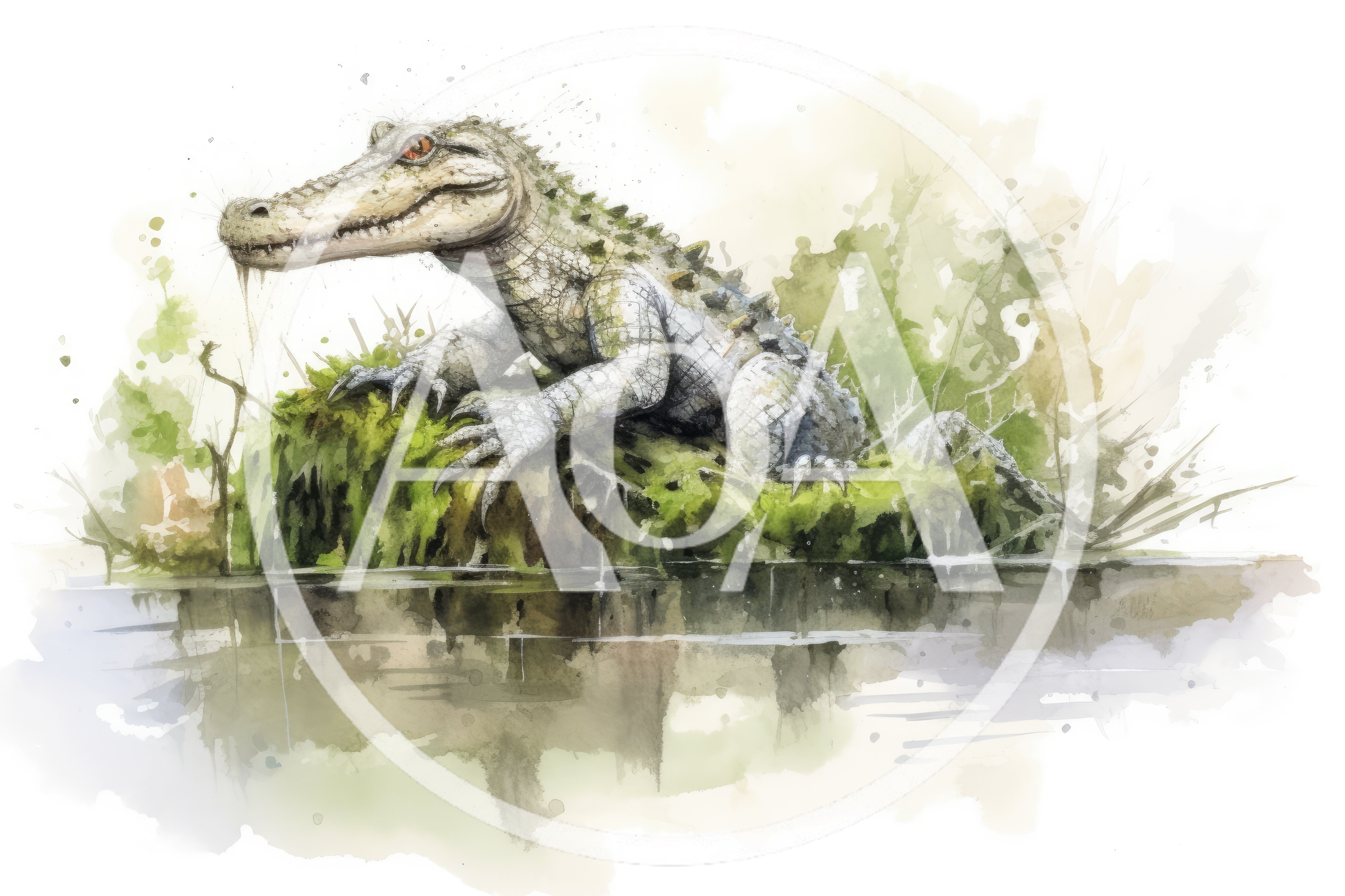 Watercolor Illustration Of A Crocodile Resting On Mossy Bank