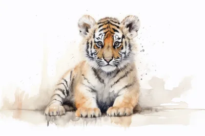 Watercolor Illustration Of A Cute Tiger Cub