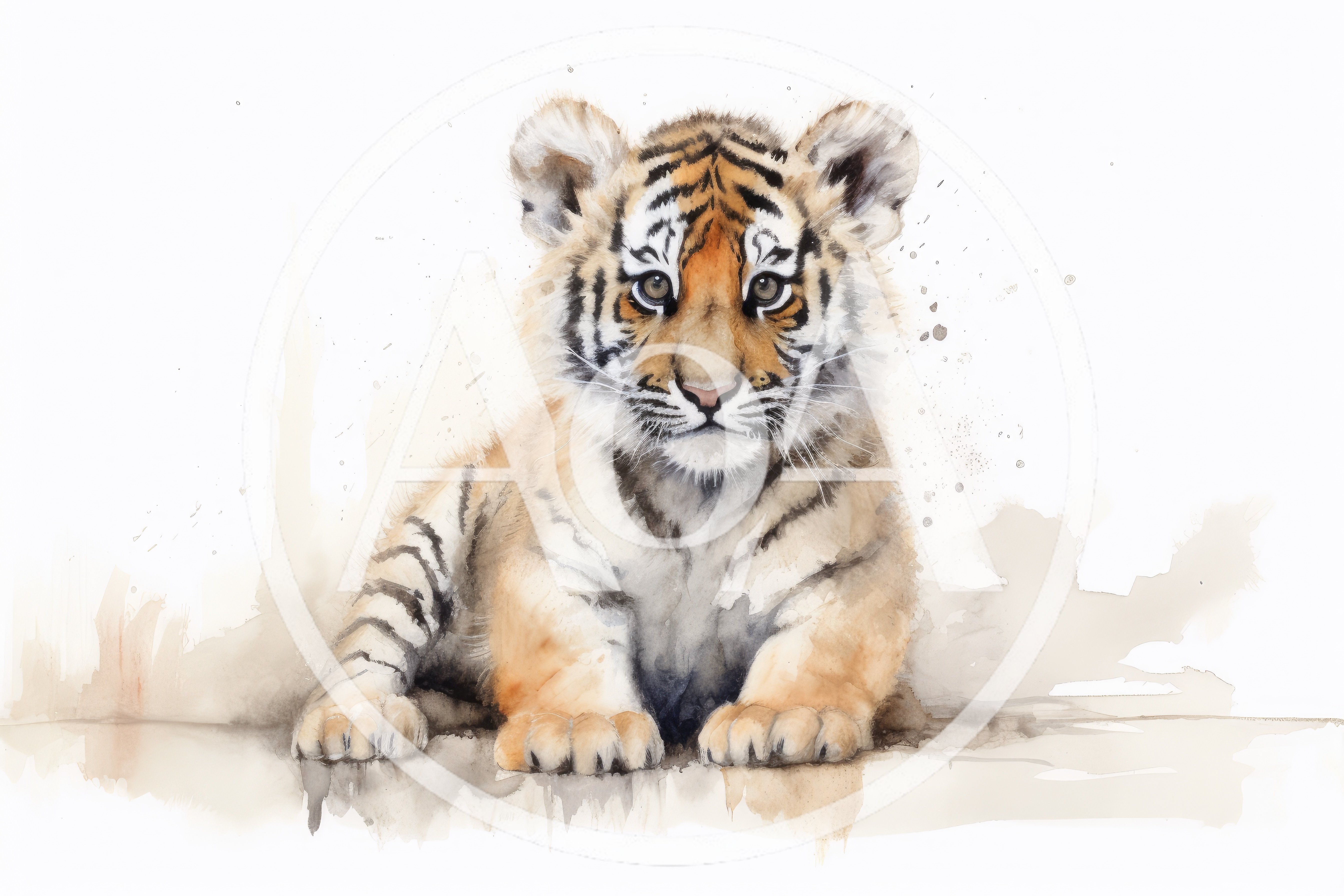 Watercolor Illustration Of A Cute Tiger Cub