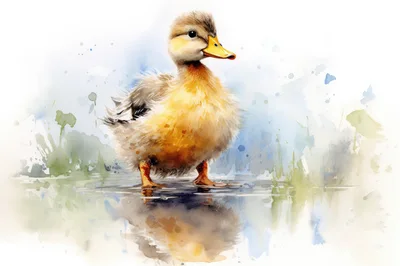 Watercolor Illustration Of A Fluffy Duckling Standing