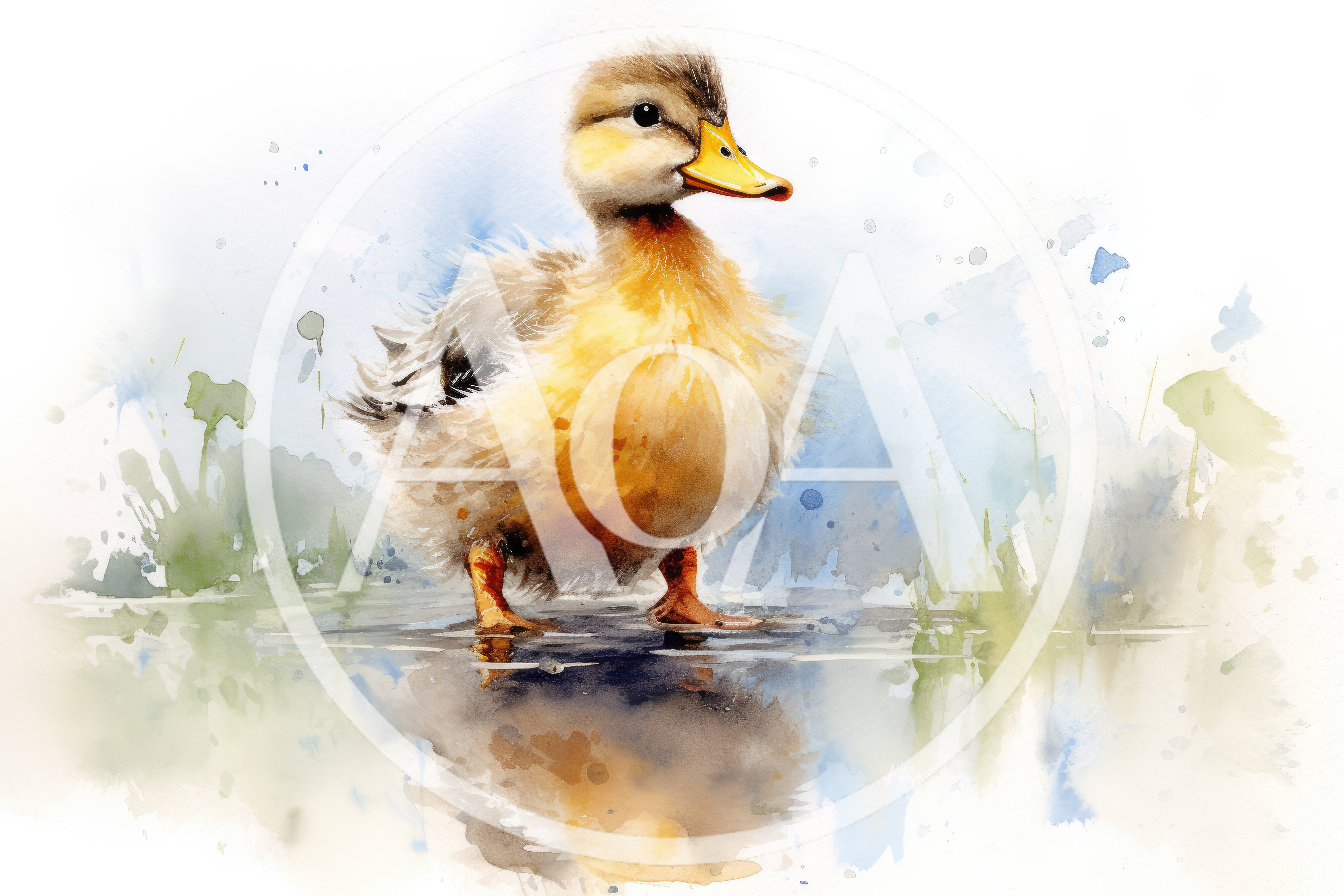 Watercolor Illustration Of A Fluffy Duckling Standing