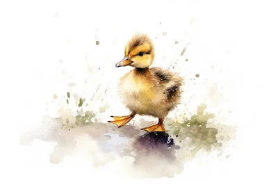 Watercolor Illustration Of A Fluffy Duckling Walking