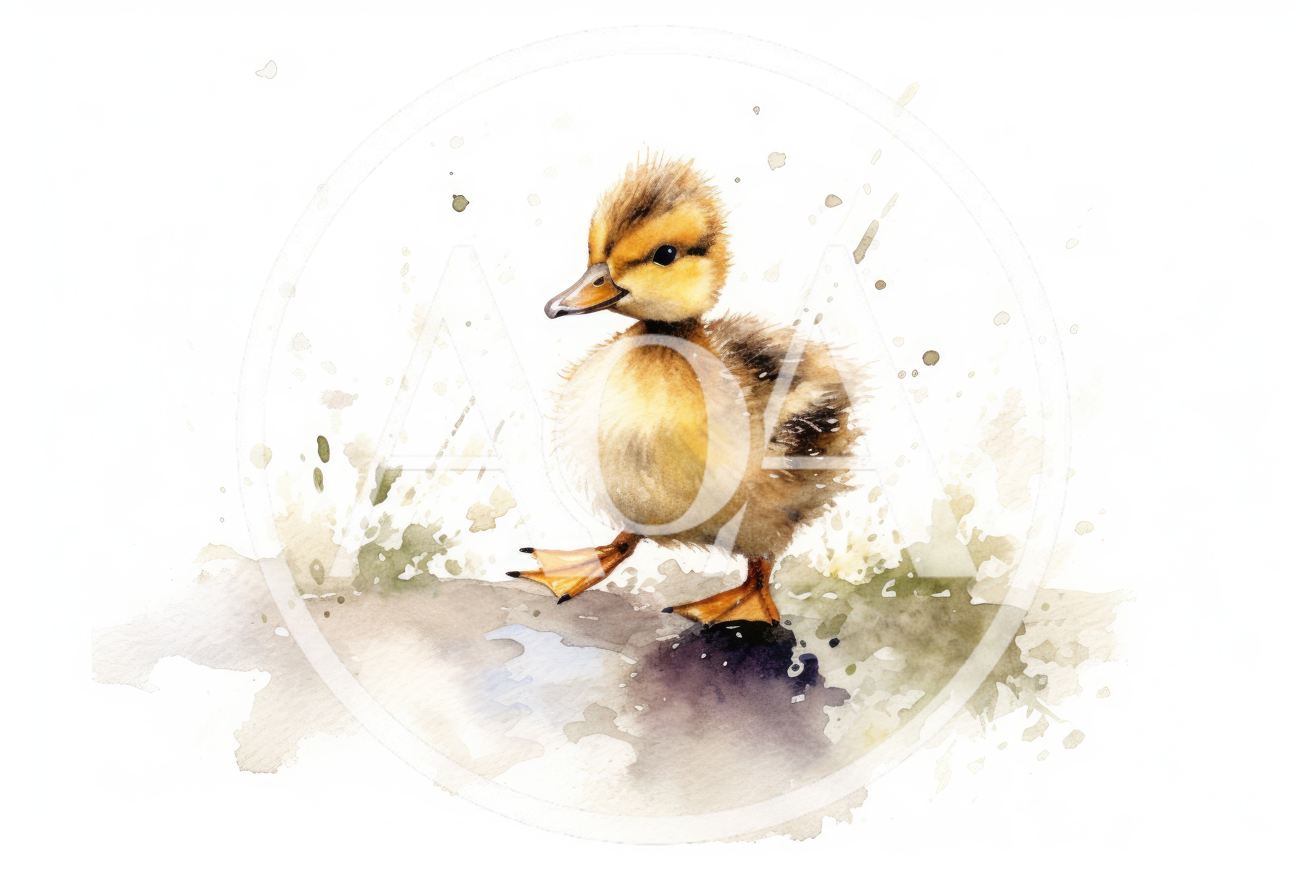 Watercolor Illustration Of A Fluffy Duckling Walking