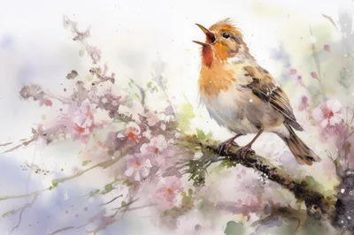 Watercolor Illustration Of A Singing Bird On Blossoming Branch