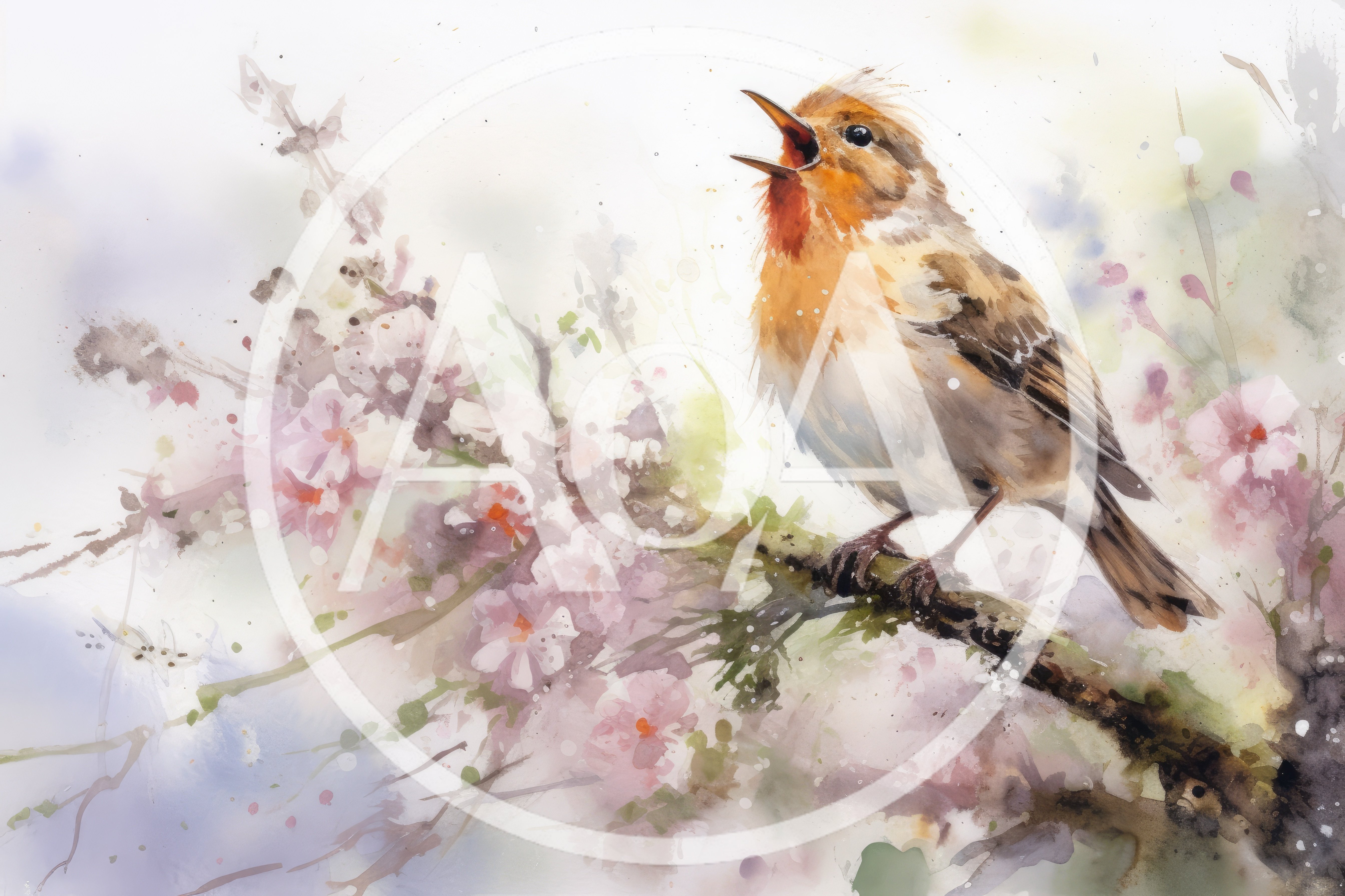 Watercolor Illustration Of A Singing Bird On Blossoming Branch