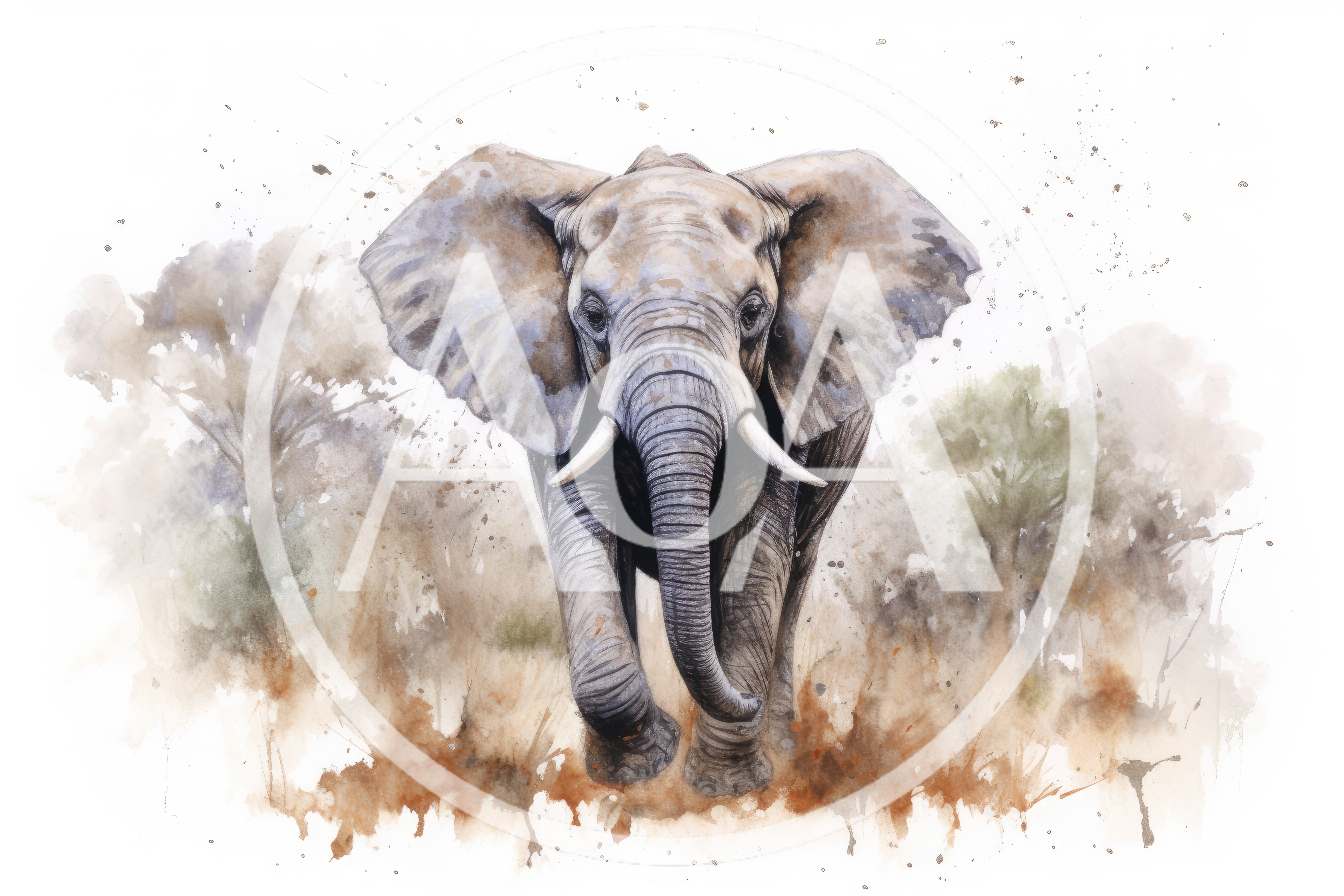 Watercolor Illustration Of An African Elephant Walking