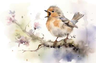 Watercolor Illustration Of A Singing Bird On A Branch