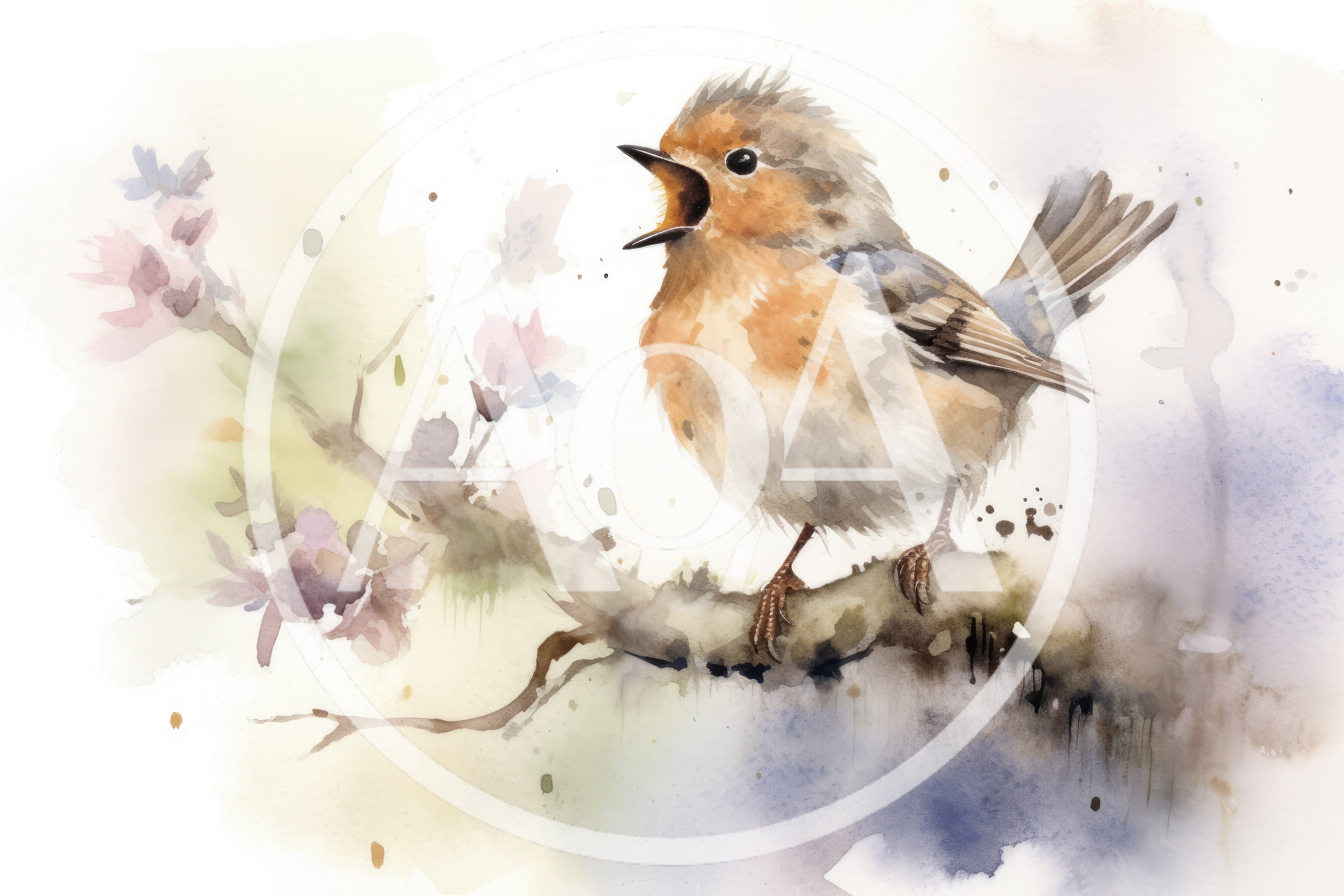 Watercolor Illustration Of A Singing Bird On A Branch