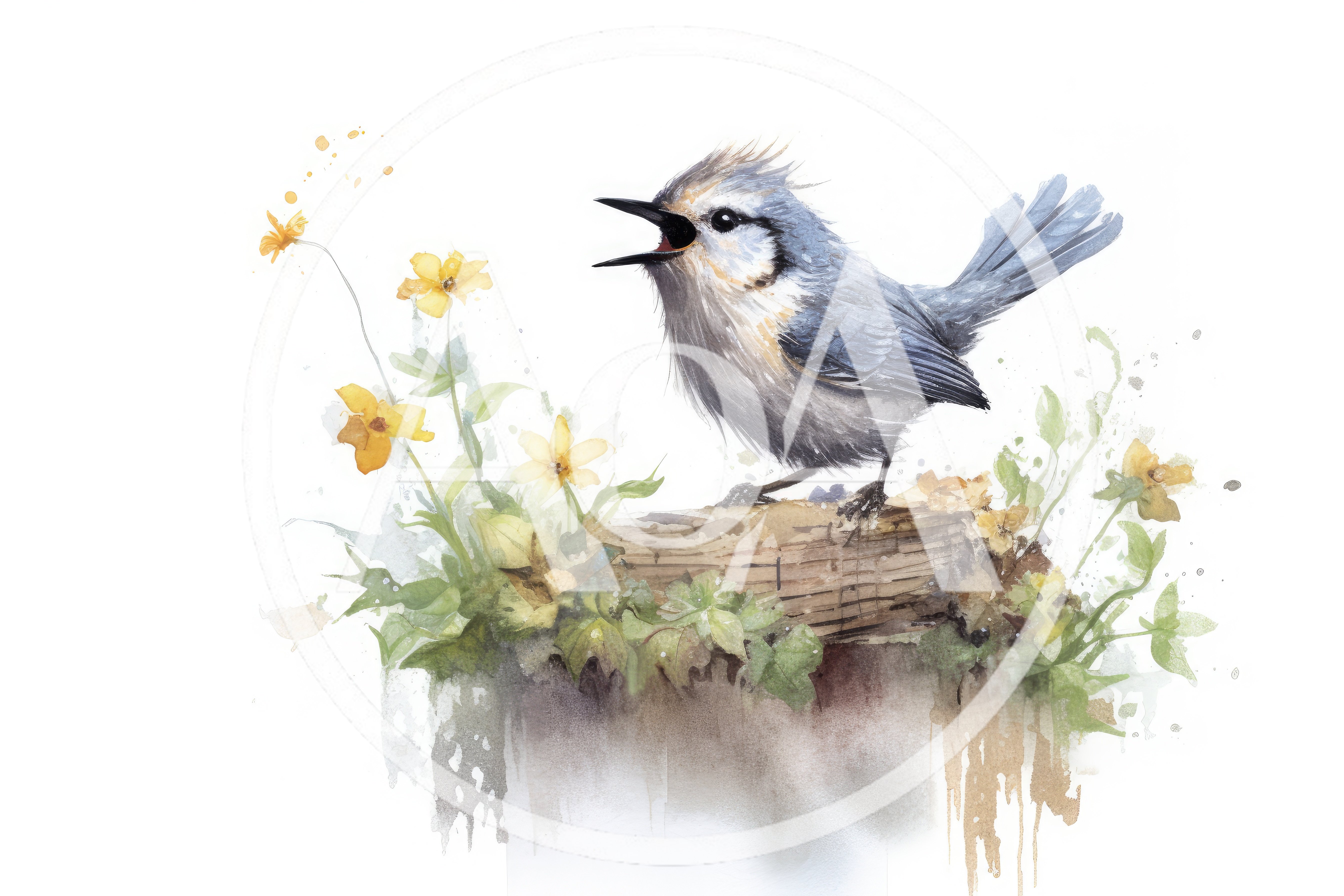 Watercolor Illustration Of A Singing Bird On A Log