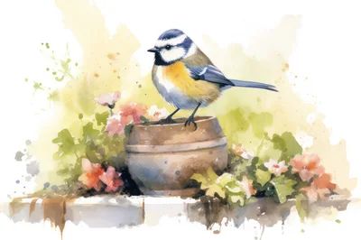 Watercolor Illustration Of A Blue Tit On A Pot