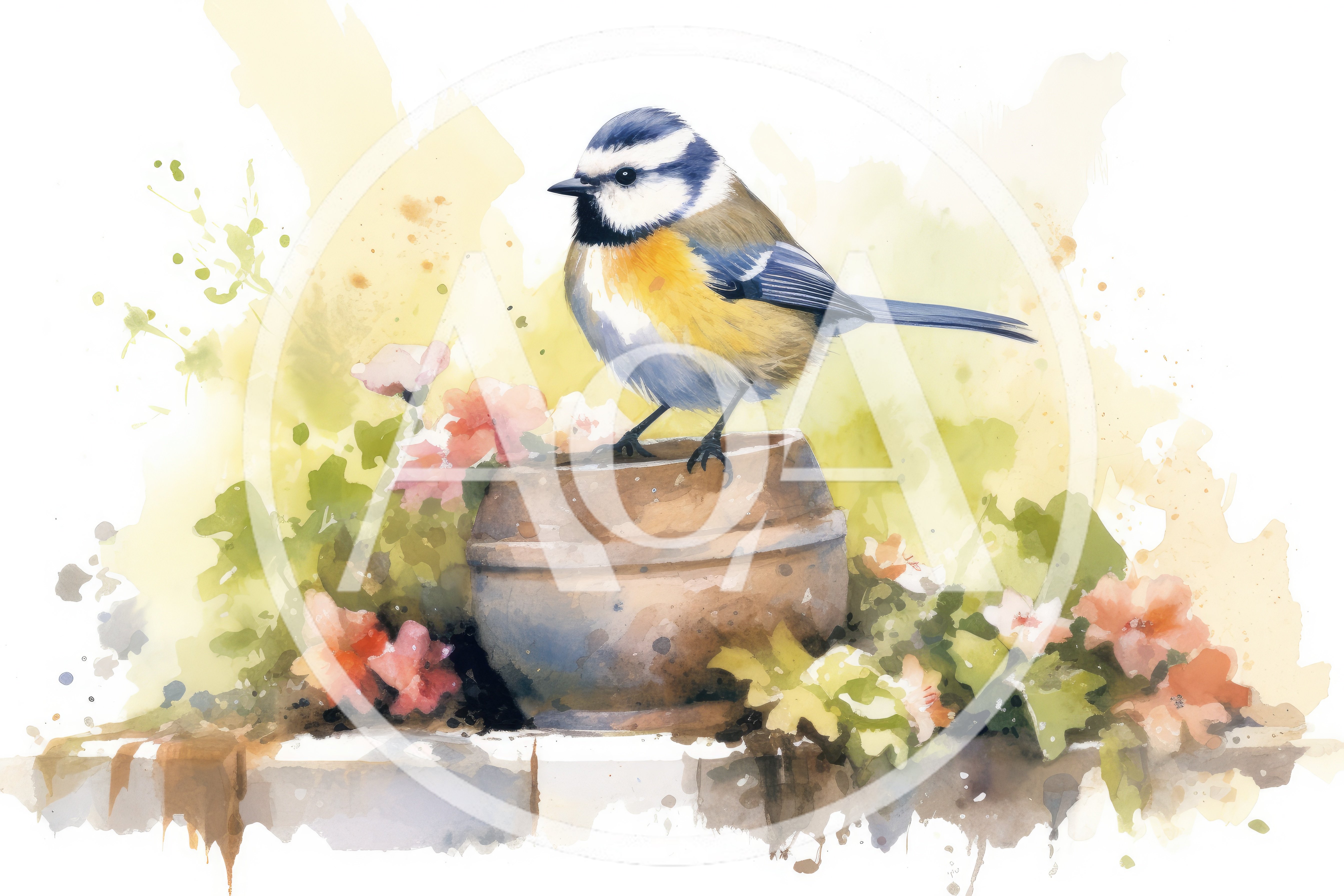 Watercolor Illustration Of A Blue Tit On A Pot