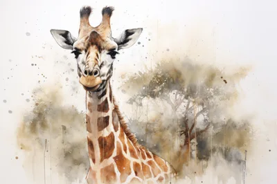 Watercolor Portrait Of A Giraffe In The Savannah