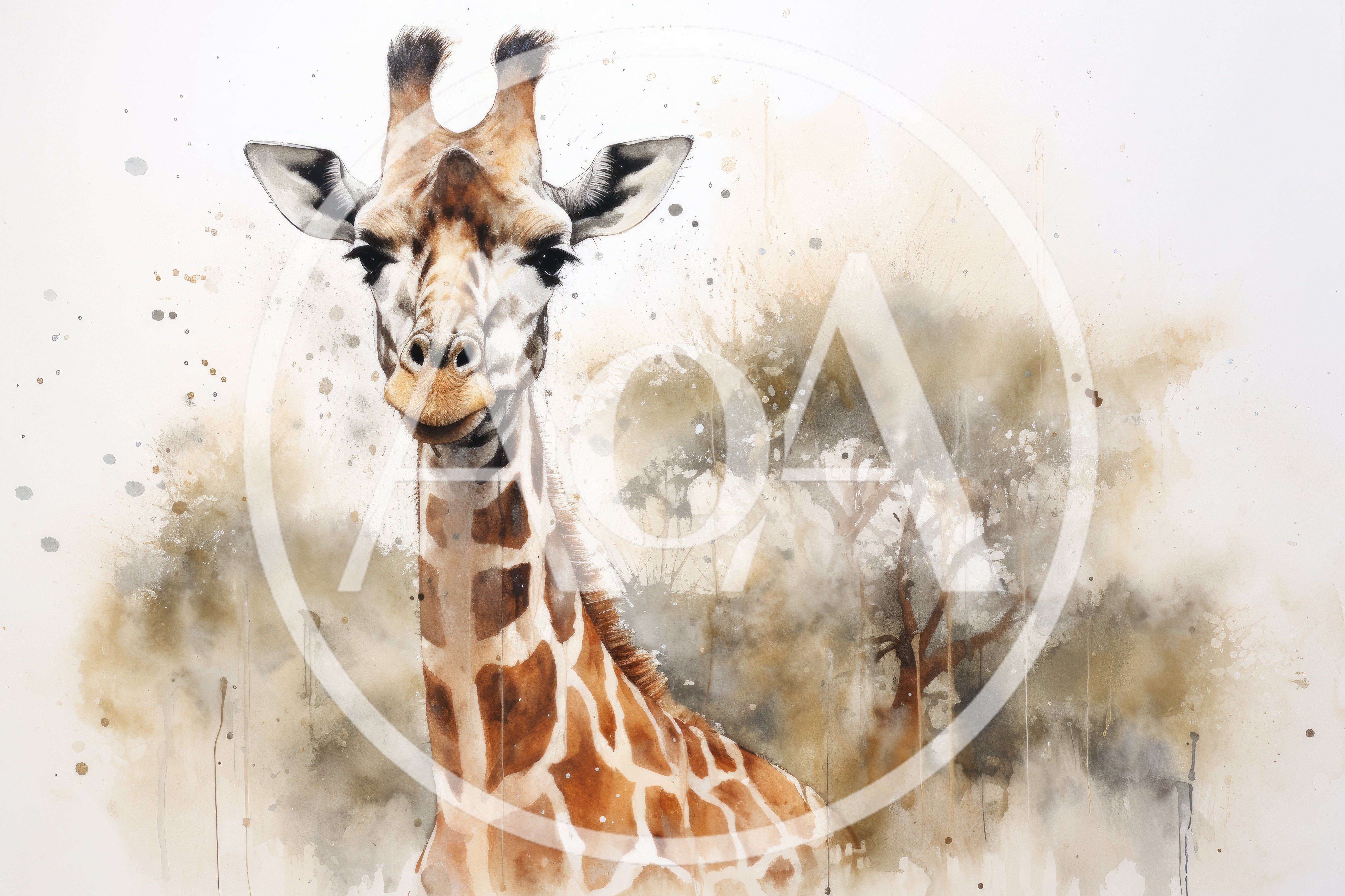 Watercolor Portrait Of A Giraffe In The Savannah