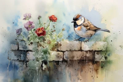 Watercolor Painting of a Small Bird on a Brick Wall