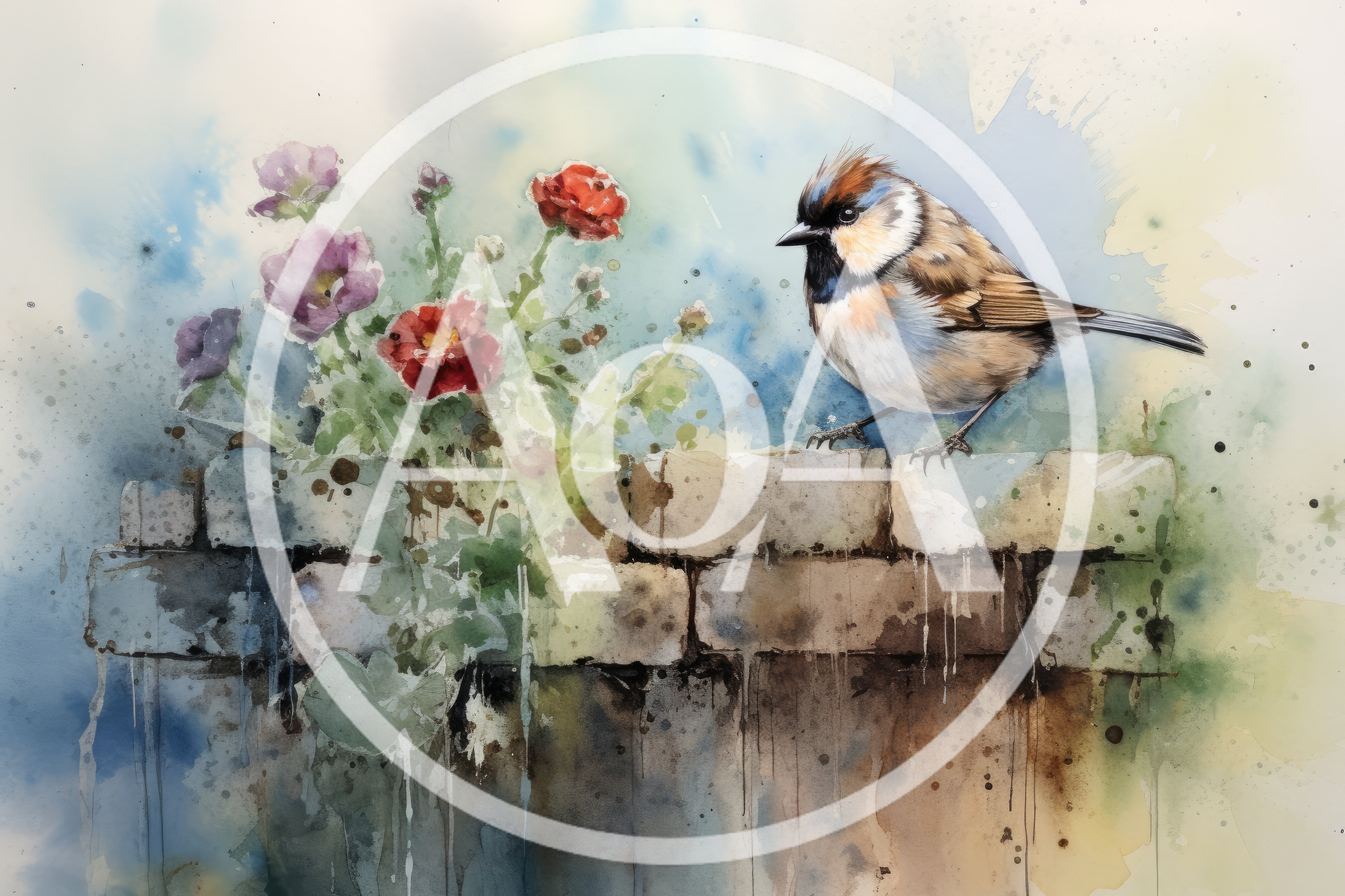 Watercolor Painting of a Small Bird on a Brick Wall