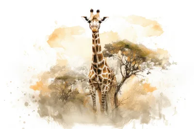 Majestic Giraffe Standing In African Savanna Watercolor Illustration