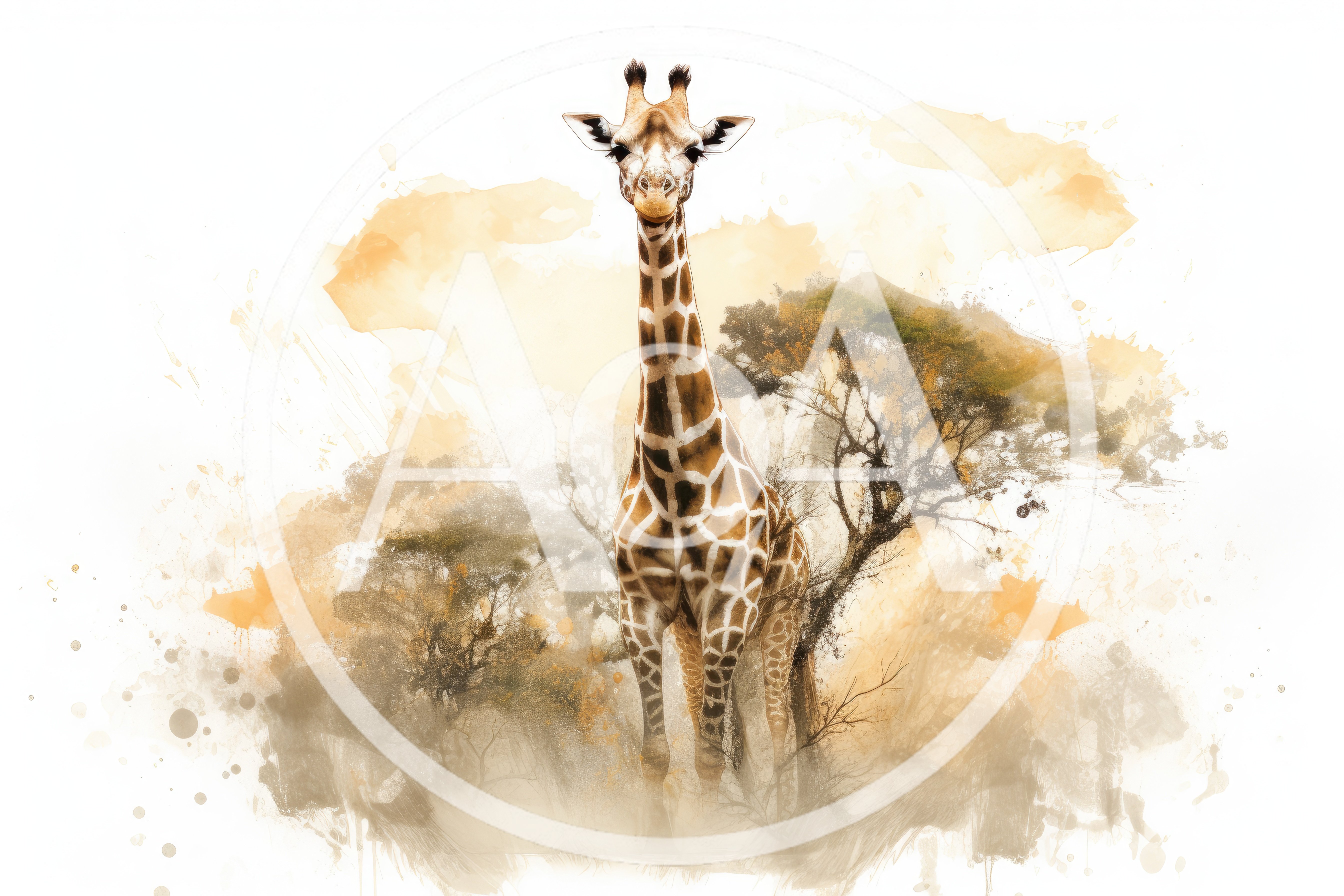 Majestic Giraffe Standing In African Savanna Watercolor Illustration