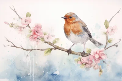 Watercolor Illustration Of A Robin Perched On Cherry Blossoms