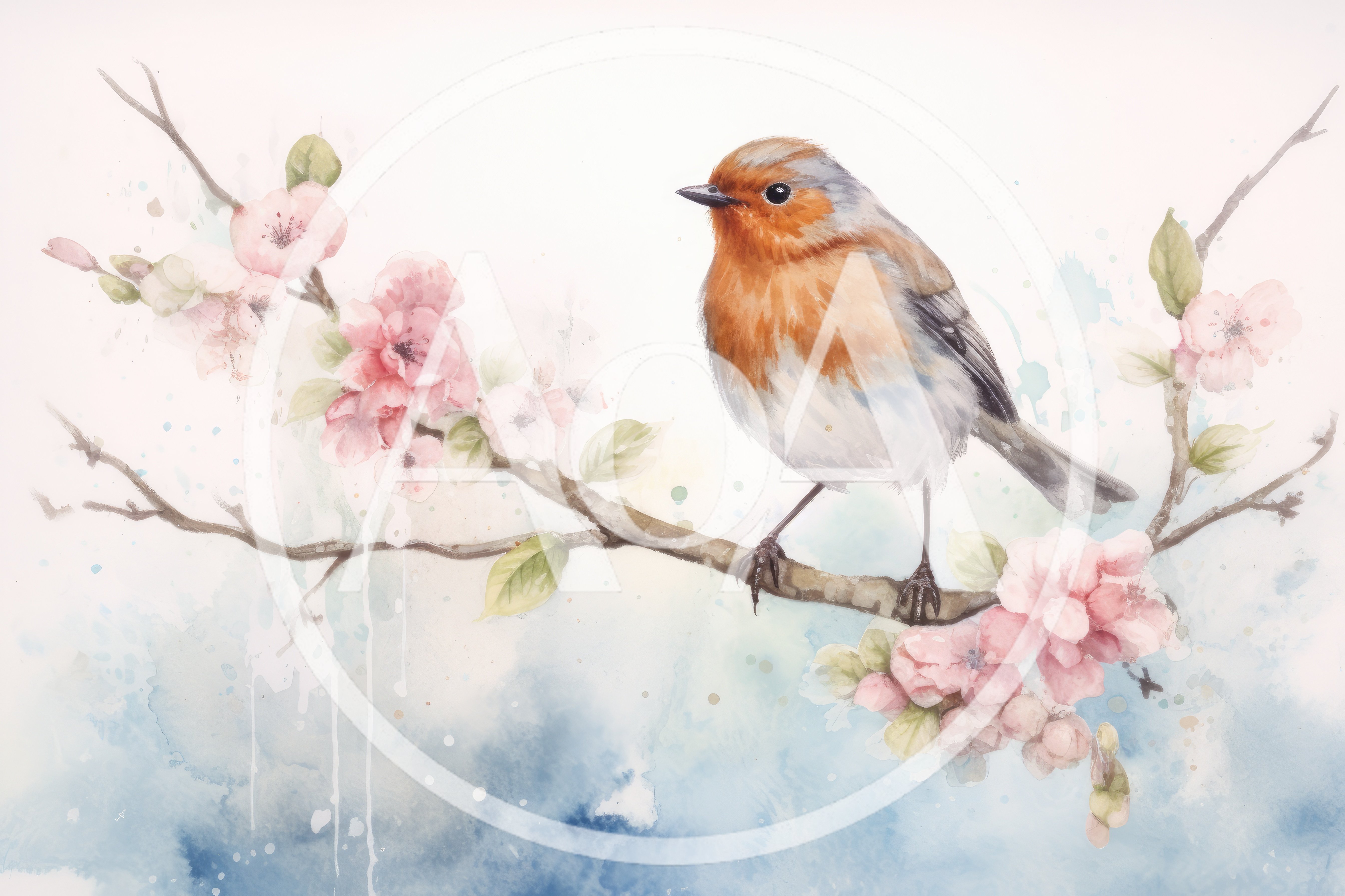 Watercolor Illustration Of A Robin Perched On Cherry Blossoms