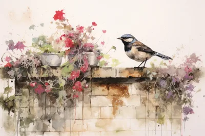 Watercolor Painting Of A Small Bird On A Brick Wall