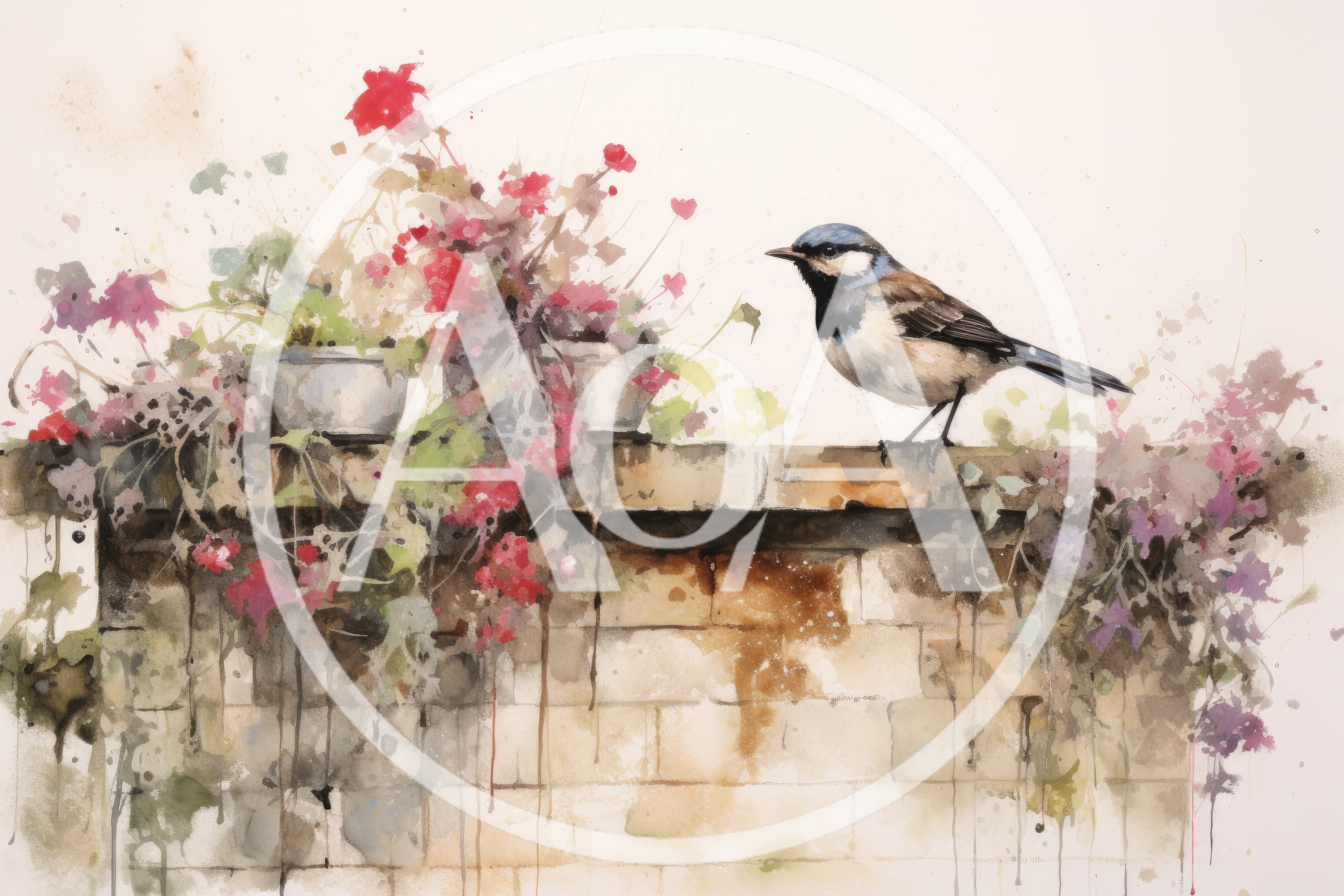 Watercolor Painting Of A Small Bird On A Brick Wall