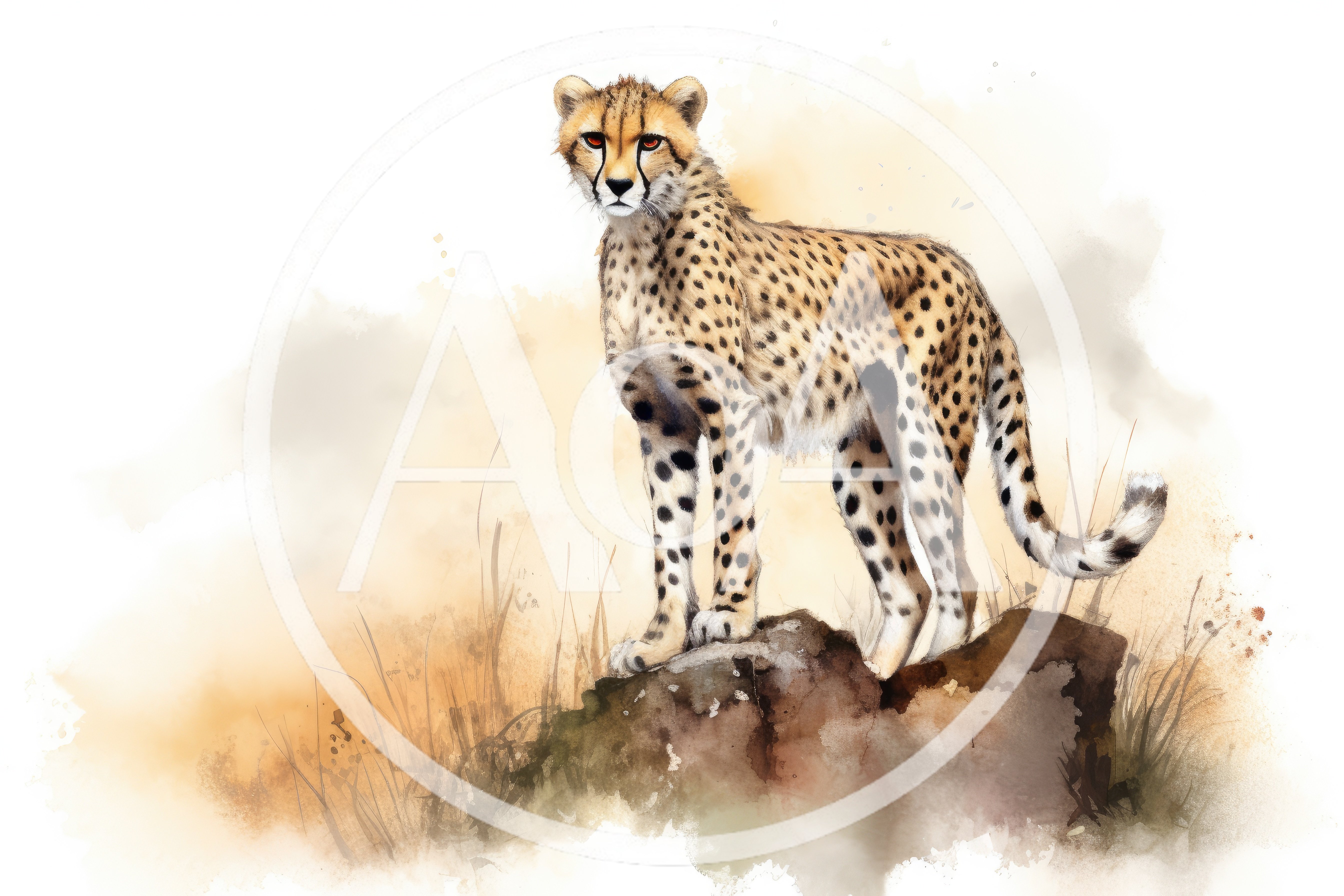Watercolor Illustration Of A Standing Cheetah