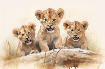Three Cute Lion Cubs Sitting Together