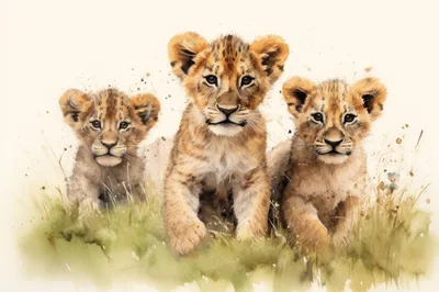 Three Adorable Lion Cubs In Watercolor Style