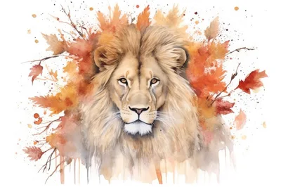 Watercolor Illustration Of A Majestic Lion With Autumn Leaves