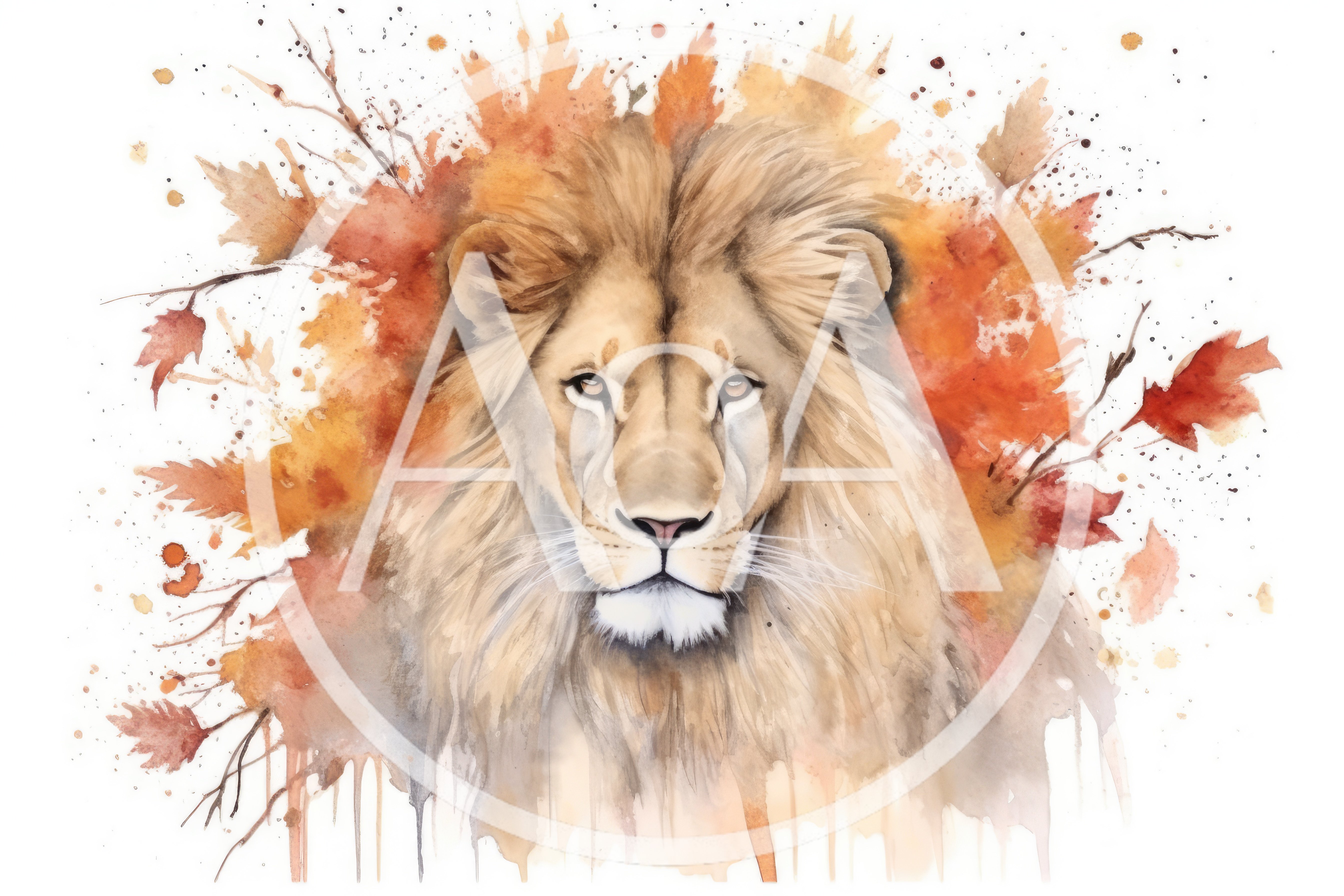 Watercolor Illustration Of A Majestic Lion With Autumn Leaves