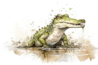 Watercolor Illustration Of A Green Crocodile In Water