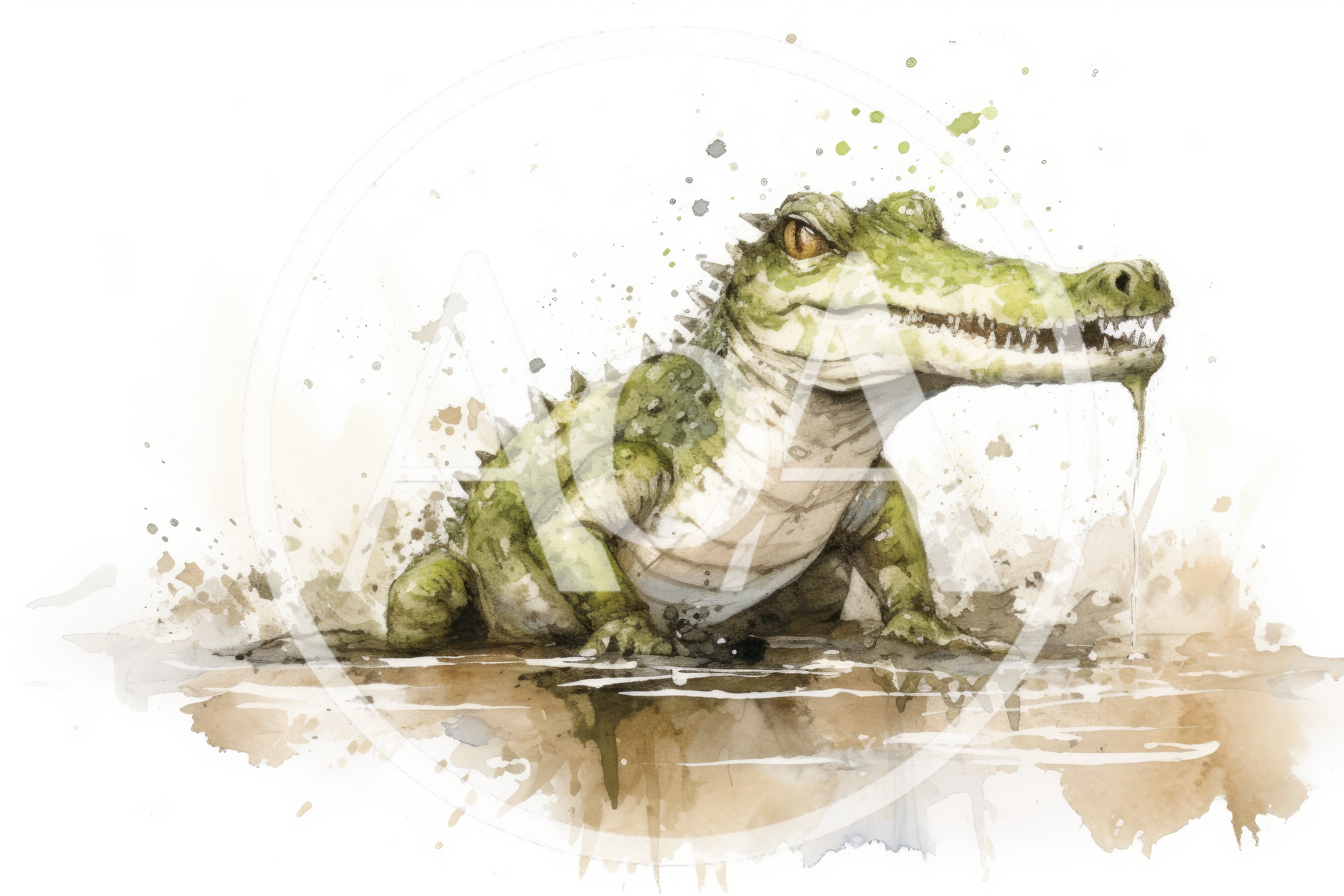 Watercolor Illustration Of A Green Crocodile In Water