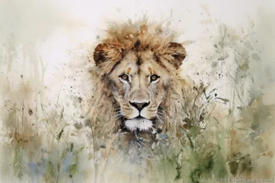 Watercolor Portrait Of A Majestic Male Lion