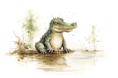 Watercolor Illustration Of A Cute Baby Alligator
