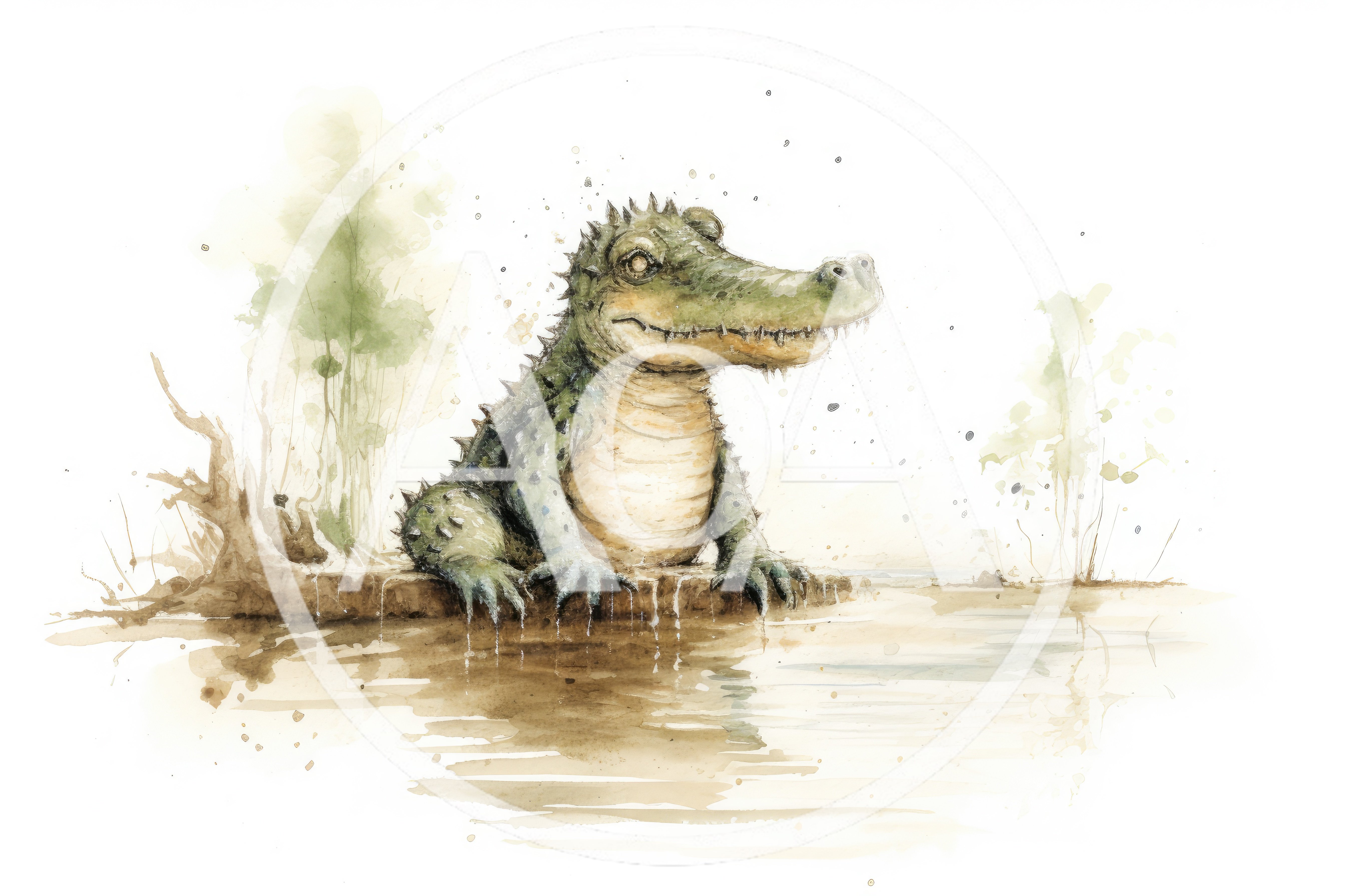Watercolor Illustration Of A Cute Baby Alligator
