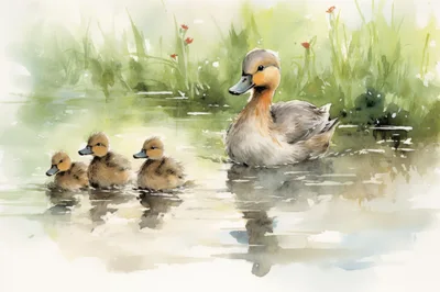 Watercolor Painting Of A Mother Duck And Ducklings