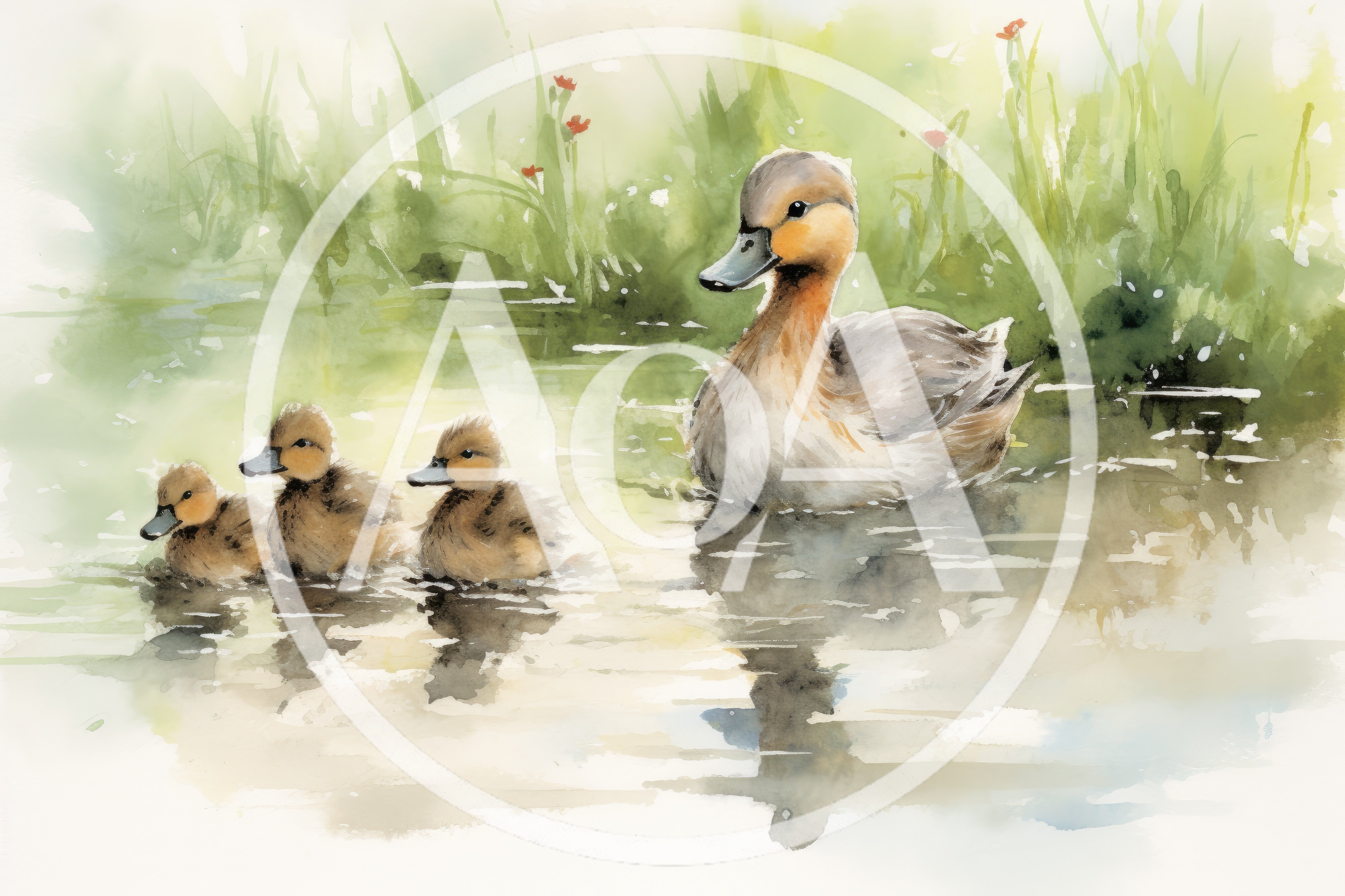 Watercolor Painting Of A Mother Duck And Ducklings
