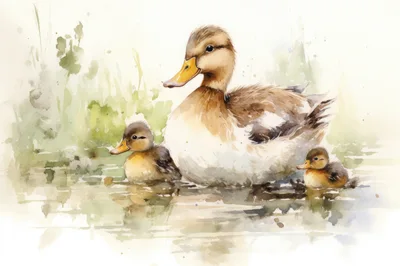 Watercolor Painting Of A Mother Duck And Ducklings