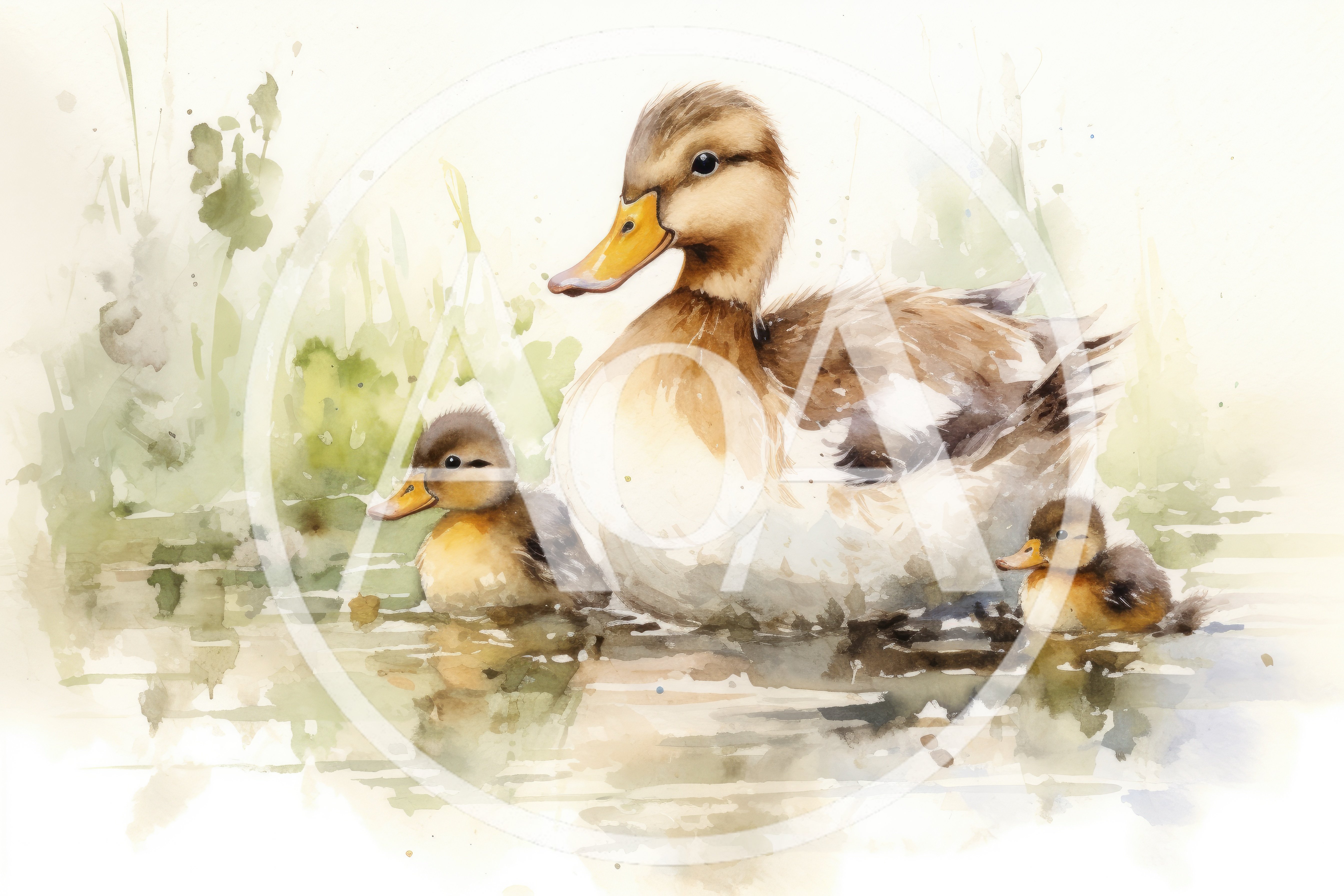 Watercolor Painting Of A Mother Duck And Ducklings
