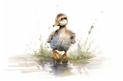 Watercolor Illustration Of A Fluffy Duckling Walking In Water
