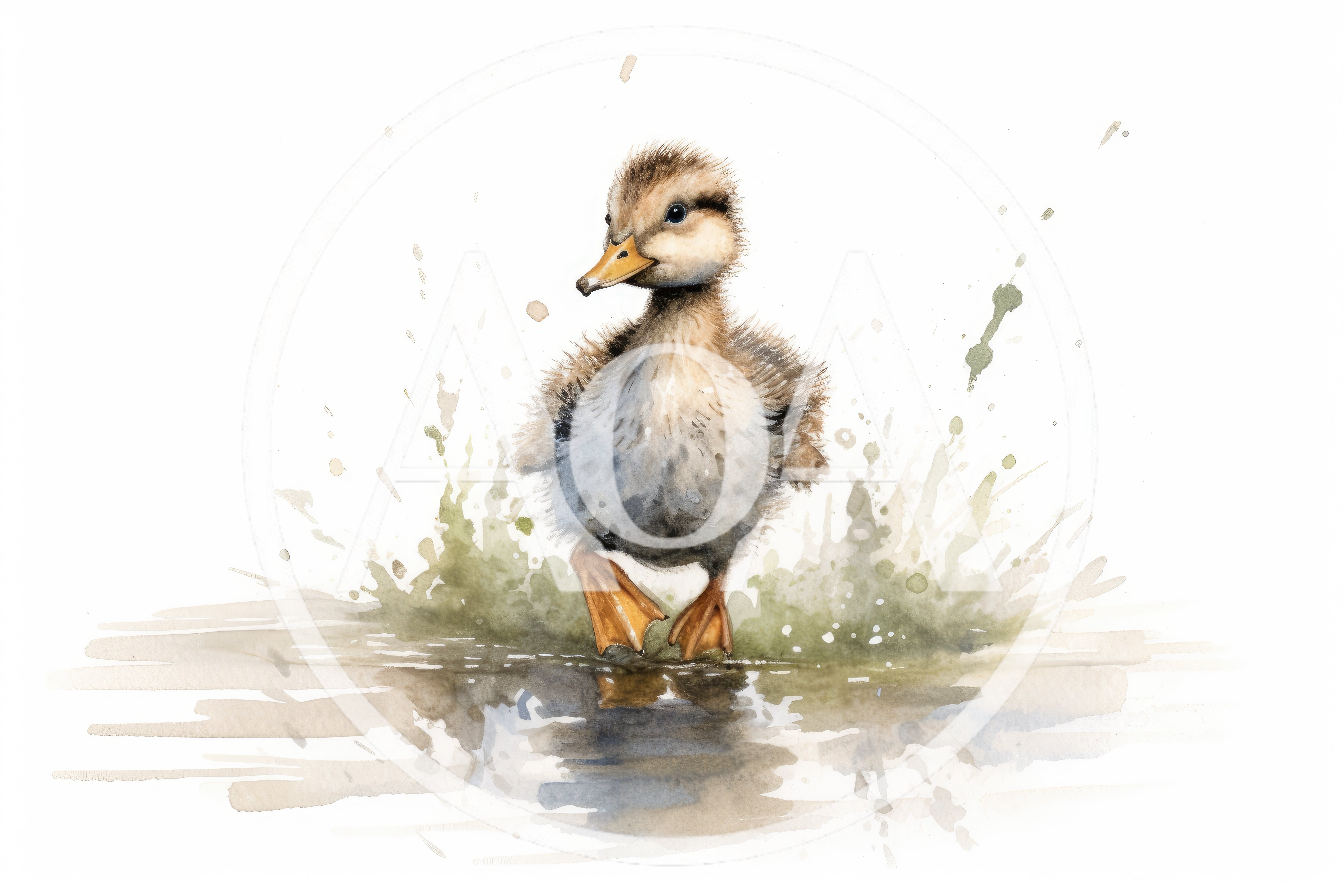 Watercolor Illustration Of A Fluffy Duckling Walking In Water